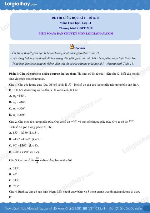 Đề thi giữa kì 1 Toán 11 Cánh diều - Đề số 10